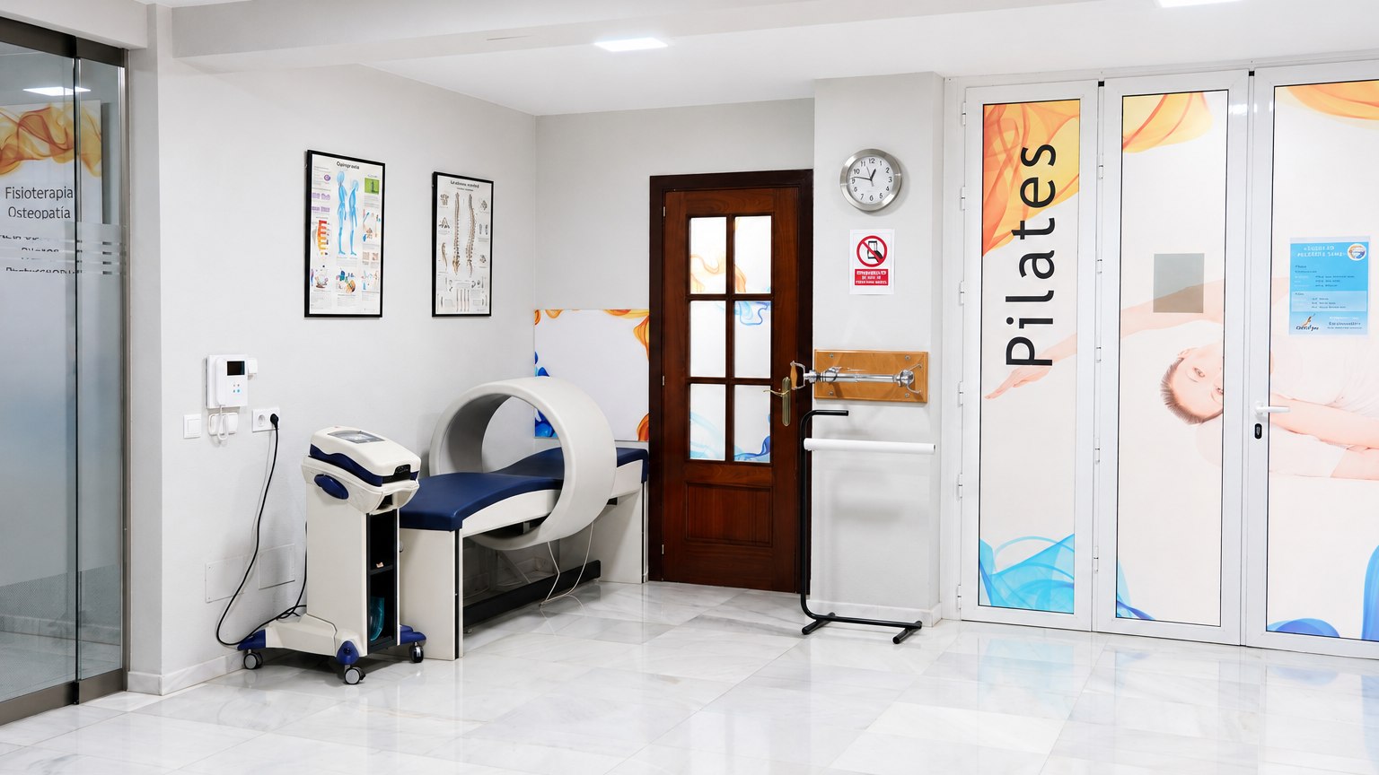 Pasillo de cabinas y sala de pilates de la clínica de Roquetas de Mar
