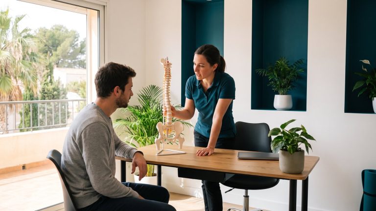 Fisioterapeuta explicando a un paciente su plan de tratamiento en consulta