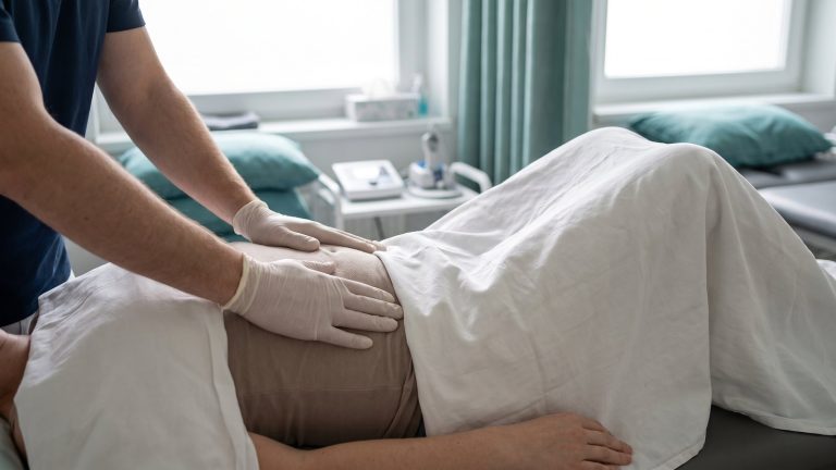 Manos de fisioterapeuta apoyadas sobre el abdomen de una paciente tumbada valorando la respiración