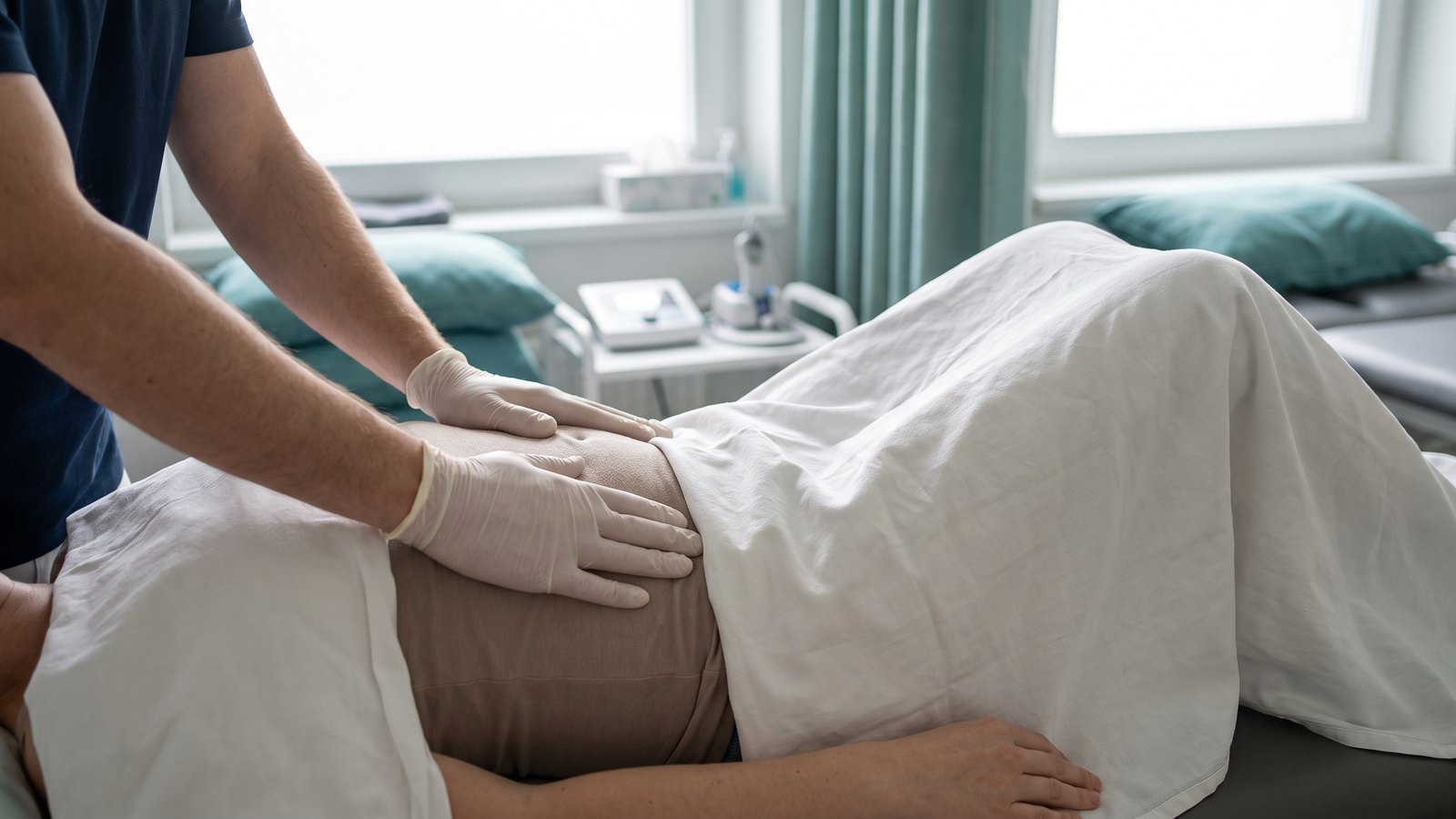 Manos de fisioterapeuta apoyadas sobre el abdomen de una paciente tumbada valorando la respiración
