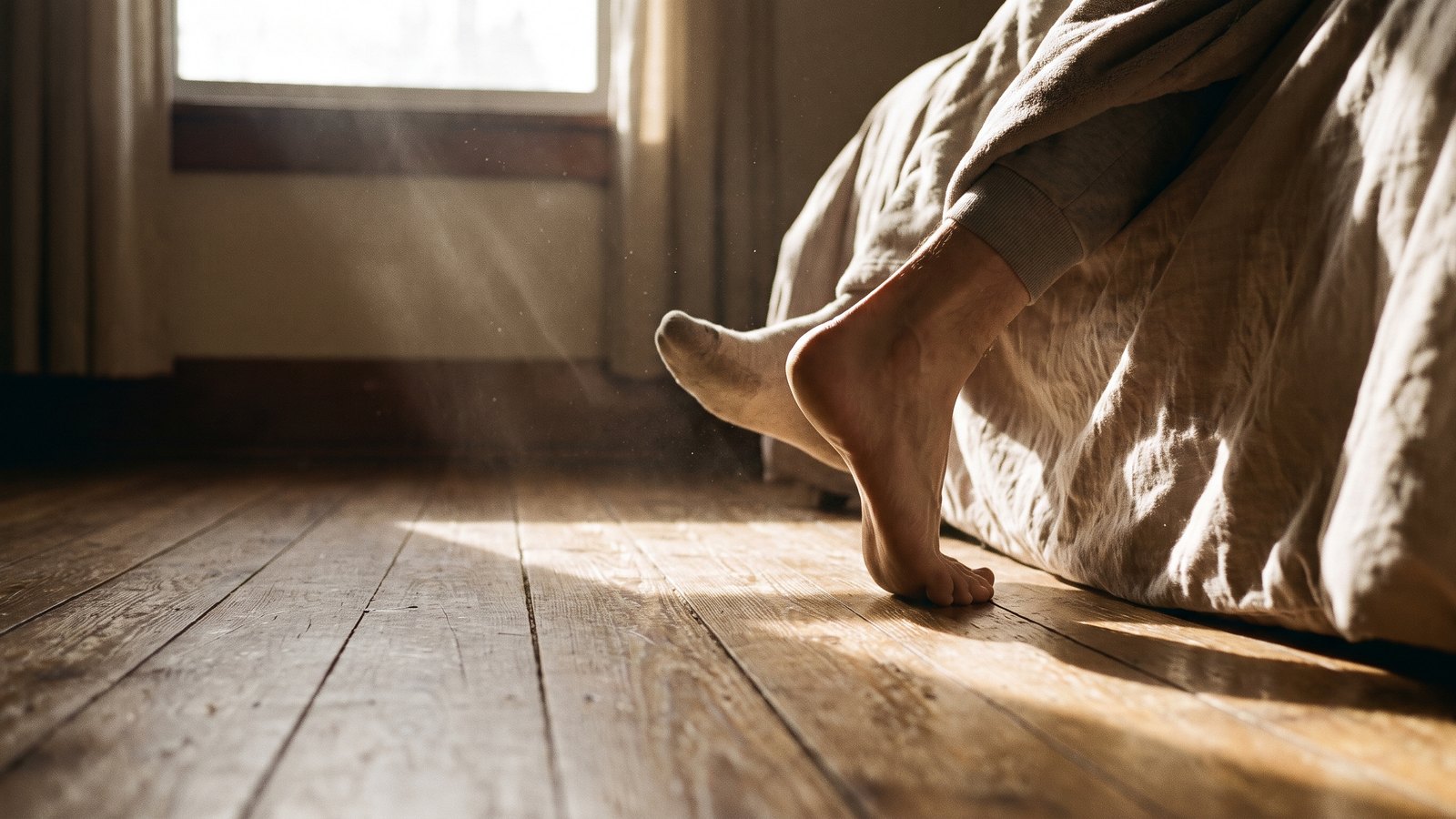 Pie descalzo apoyándose en el suelo de madera junto a la cama a primera hora de la mañana