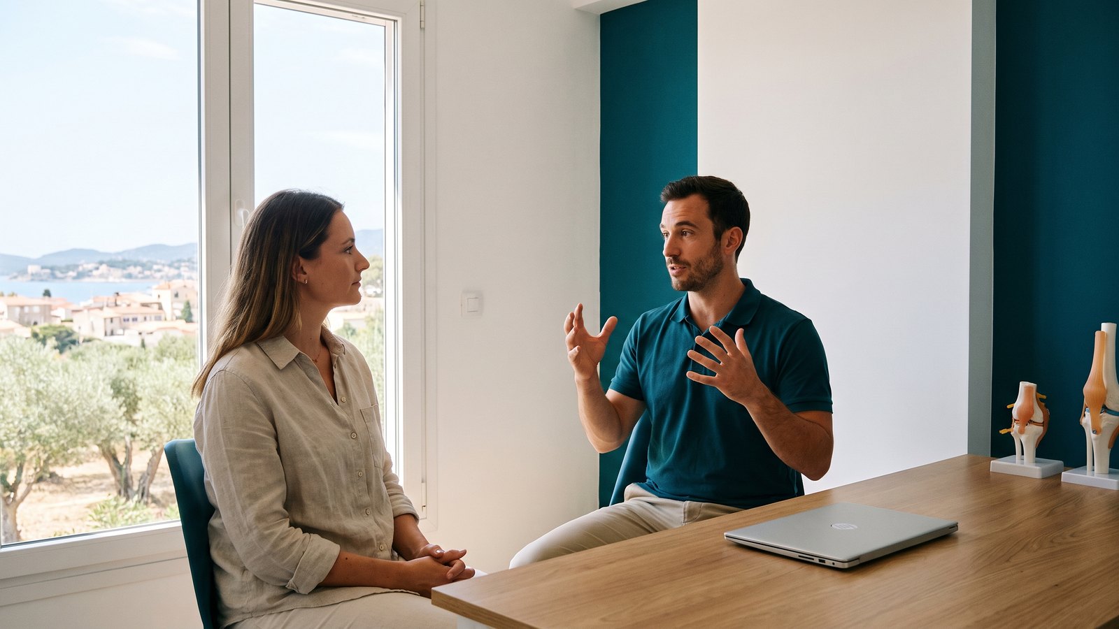 Fisioterapeuta explicando a un paciente en consulta con luz natural