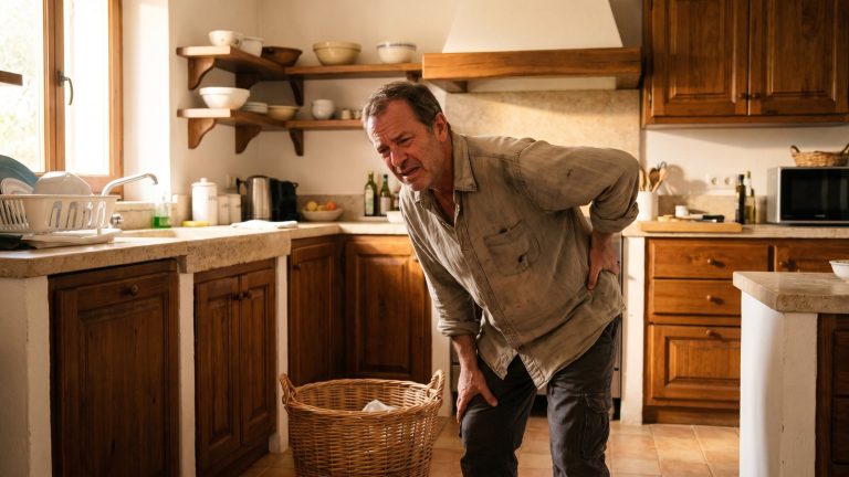 Hombre en la cocina llevándose la mano a la zona lumbar tras agacharse a coger algo del suelo
