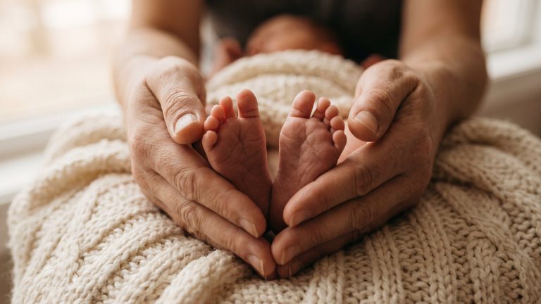 Manos de un adulto sosteniendo con suavidad los pies de un bebé recién nacido sobre una manta