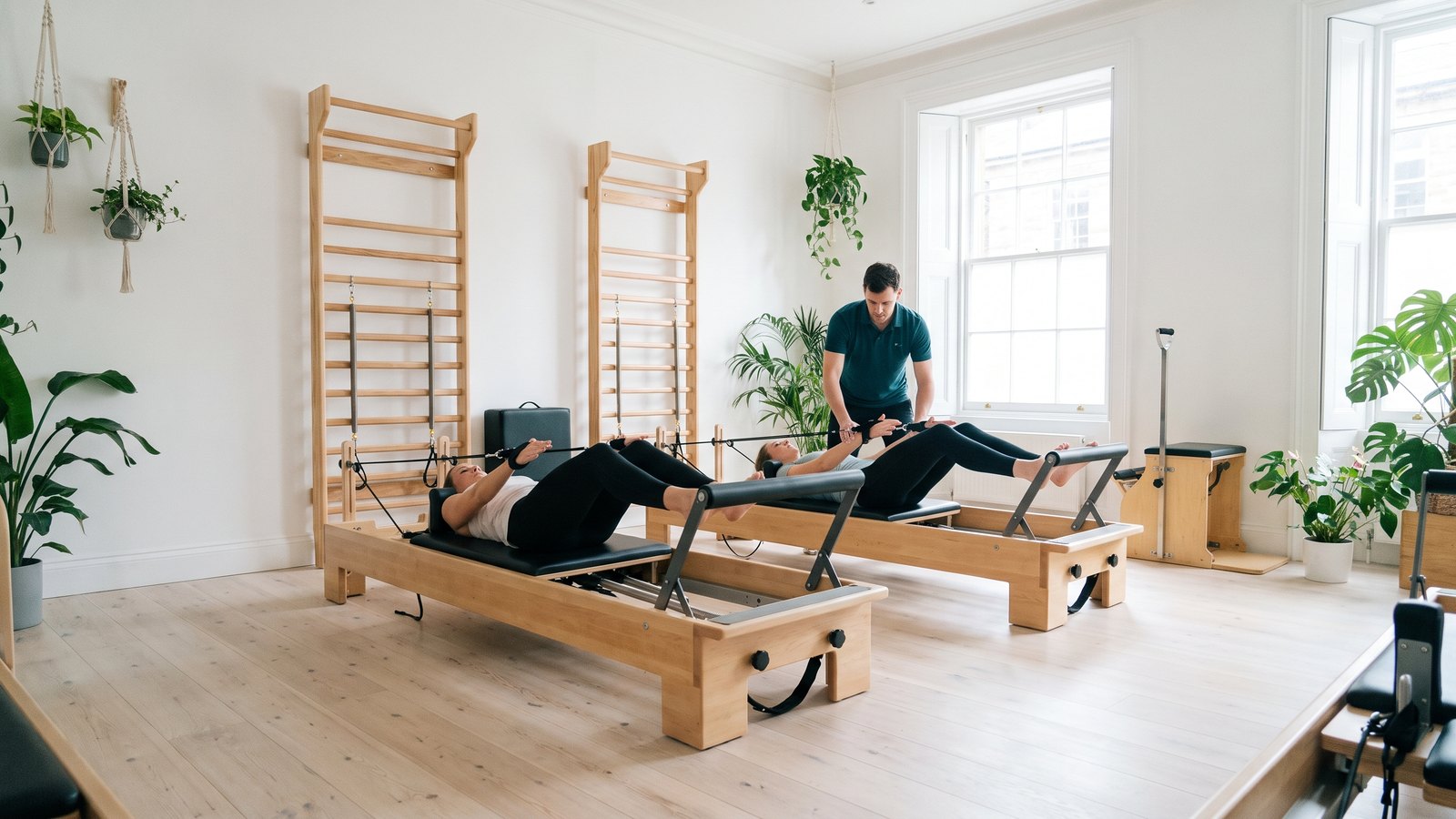 Sala de pilates terapéutico con máquinas reformer y un fisioterapeuta corrigiendo la posición de una paciente