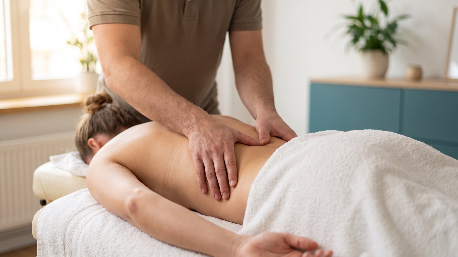 Manos de fisioterapeuta aplicando terapia manual sobre la espalda de un paciente en camilla