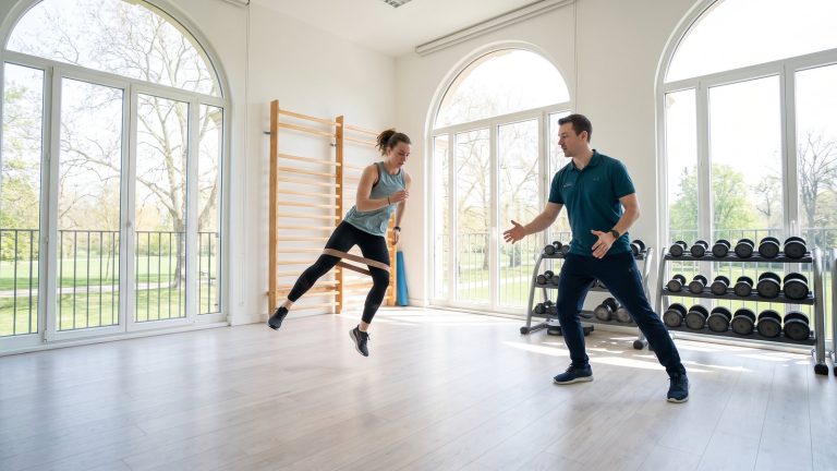 Deportista realizando un ejercicio de desplazamiento lateral con banda elástica supervisado por un fisioterapeuta