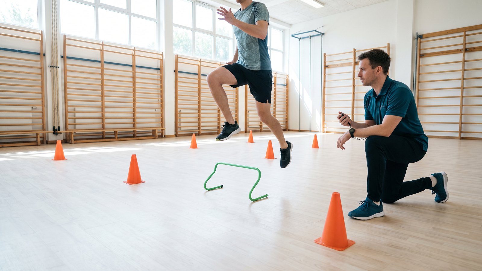 Deportista realizando un test de salto monopodal mientras un fisioterapeuta lo cronometra en sala